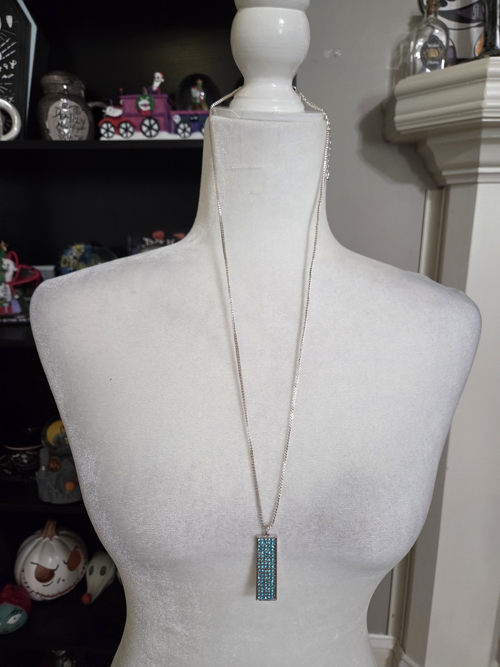Silver Necklace with Turquoise Crystal Bar Pendant - Women Jewelry